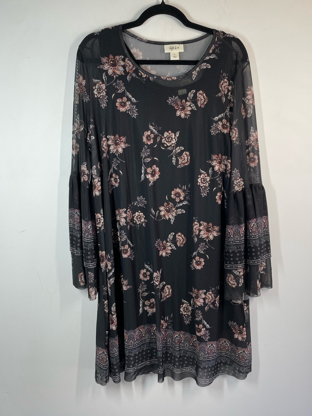 Style & Co Floral Bell Sleeve Dress Black Large Boho Cottagecore Chic Whimsigoth - Picture 2 of 12